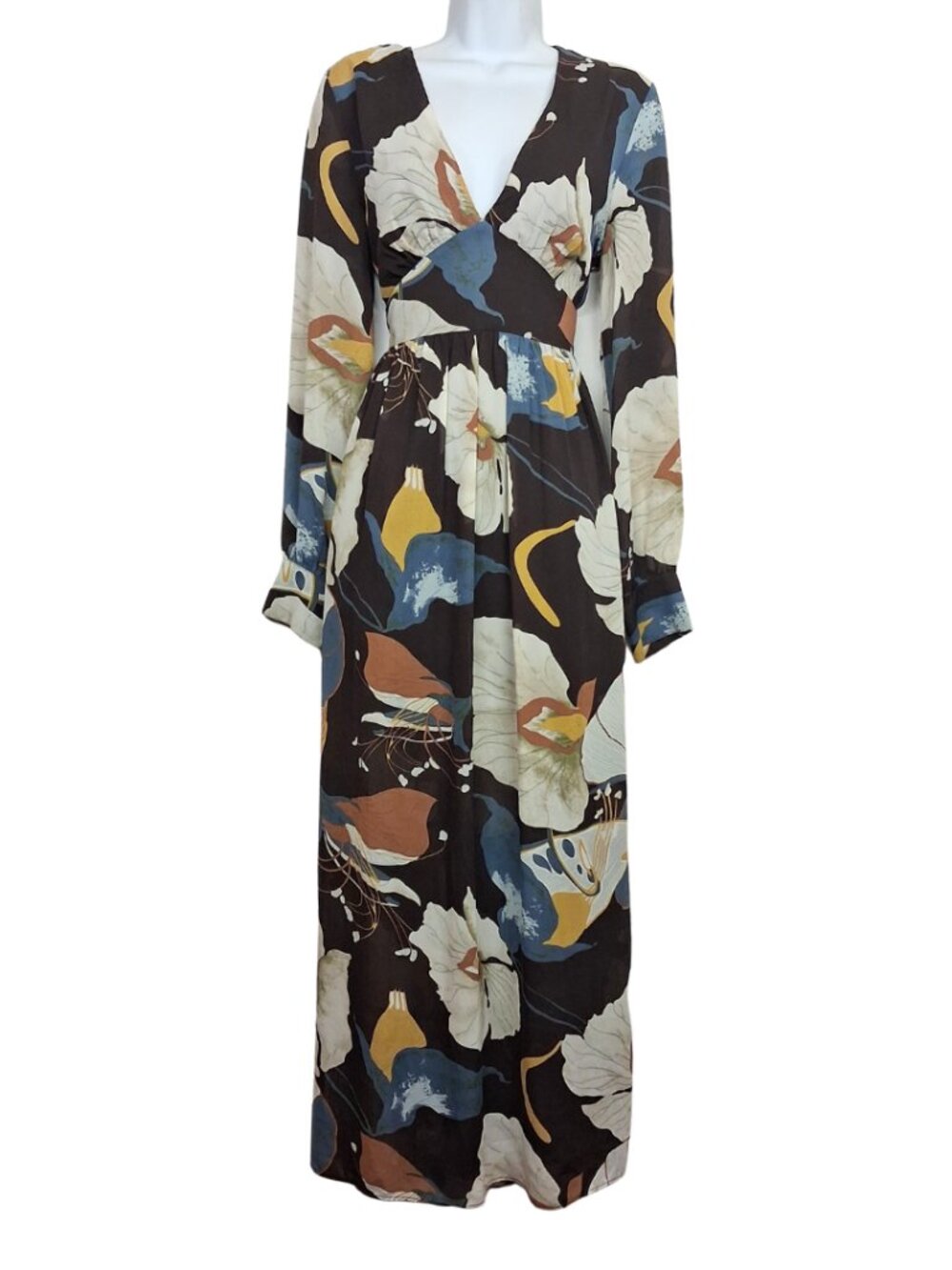 MEGHAN LA Floral Maxi Dress Brown Blue Long Sleeve V Neck Boho Western Large